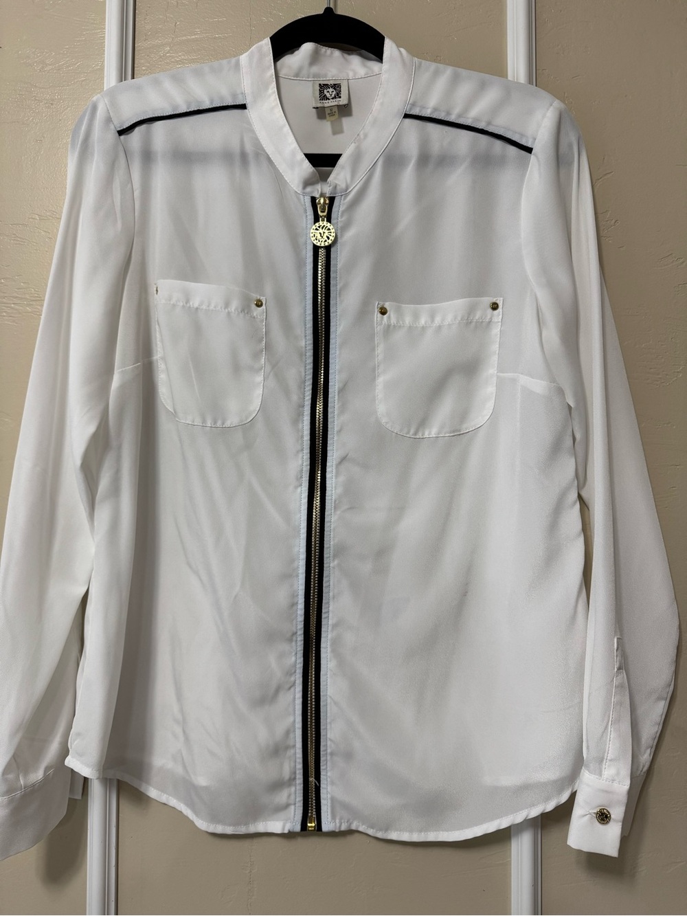 Anne Klein White Zip-Front Bomber Jacket with Black Trim
